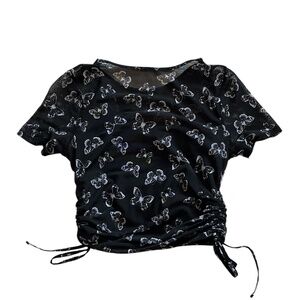 Hollister 2-Piece Sheer Black/White Butterfly Cropped Ruched-tied Side Top M